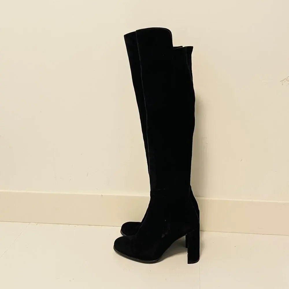 Stuart Weitzman Boots Womens 6 Black Suede Thigh High Over Knee Zip Block Heel